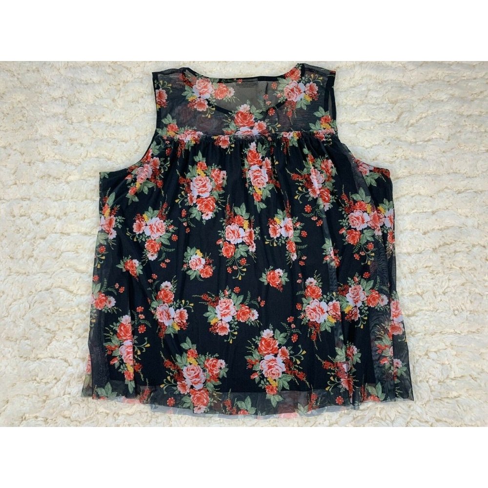 Bobbie Brooks 3x Top Blouse Black Sheer Mesh Floral Sleeveless Relaxed Cool 3XL